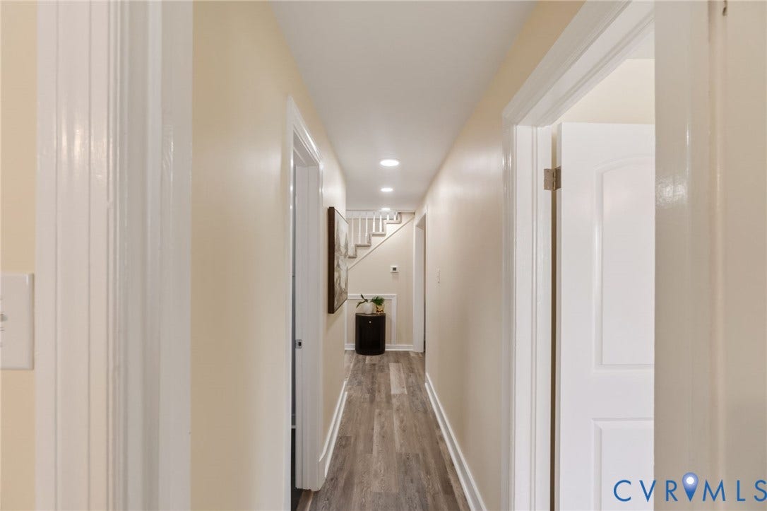 3122 Maplewood Avenue, Stadium, Richmond, VA 23221 Hallway featuring recessed lighting, light-toned walls, wood-finish flooring, and white trim
