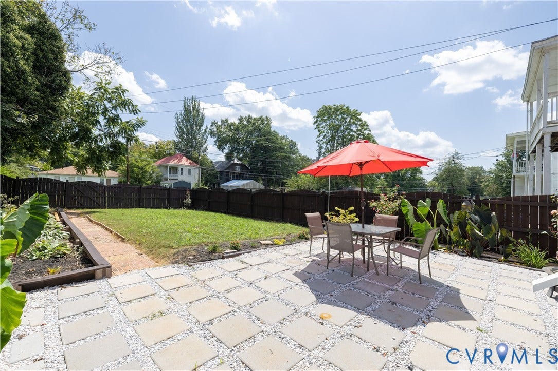 Private backyard featuring a paver patio with white gravel infill, a fenced perimeter, a grass lawn, and mature landscaping