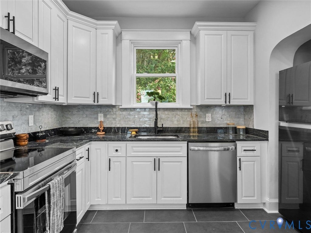 2911 Northumberland Avenue, Northside, Richmond, VA 23220 Kitchen featuring white shaker cabinetry, dark countertops, a tiled backsplash, stainless steel appliances, and dark floor tiles