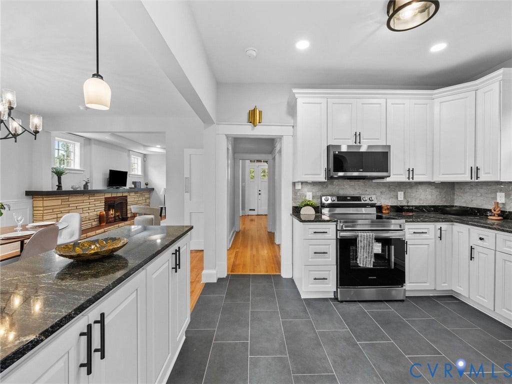 2911 Northumberland Avenue, Northside, Richmond, VA 23220 Modern kitchen featuring white shaker cabinetry, stainless steel appliances, dark stone countertops, and rectangular tile flooring