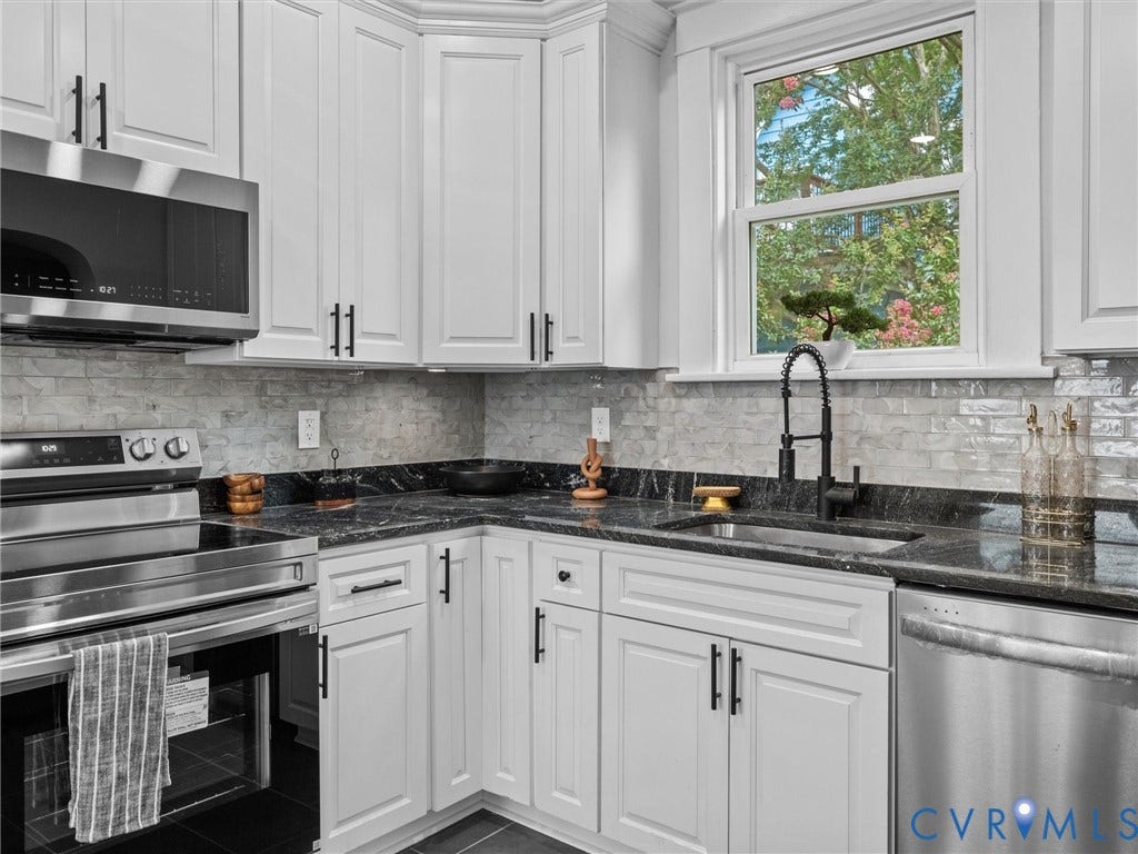 2911 Northumberland Avenue, Northside, Richmond, VA 23220 Modern kitchen featuring white cabinetry with black hardware, dark countertops, a light-toned tile backsplash, and stainless steel appliances