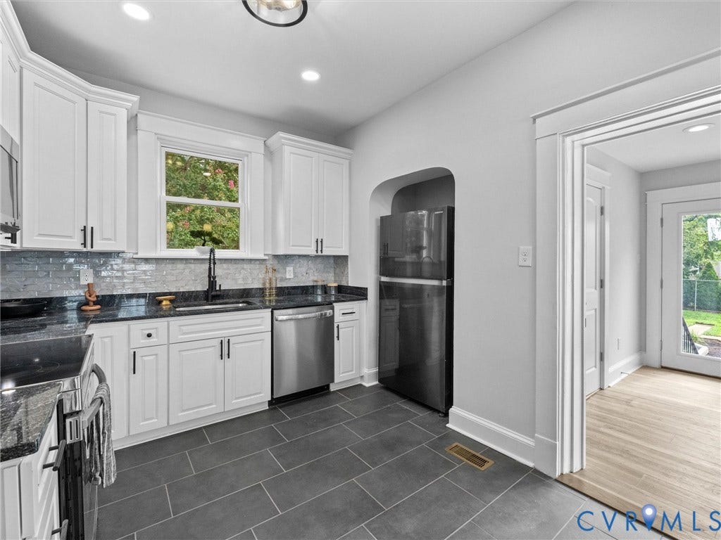 2911 Northumberland Avenue, Northside, Richmond, VA 23220 Kitchen featuring white cabinetry, dark stone countertops, a tile backsplash, stainless steel appliances, and dark rectangular tile flooring
