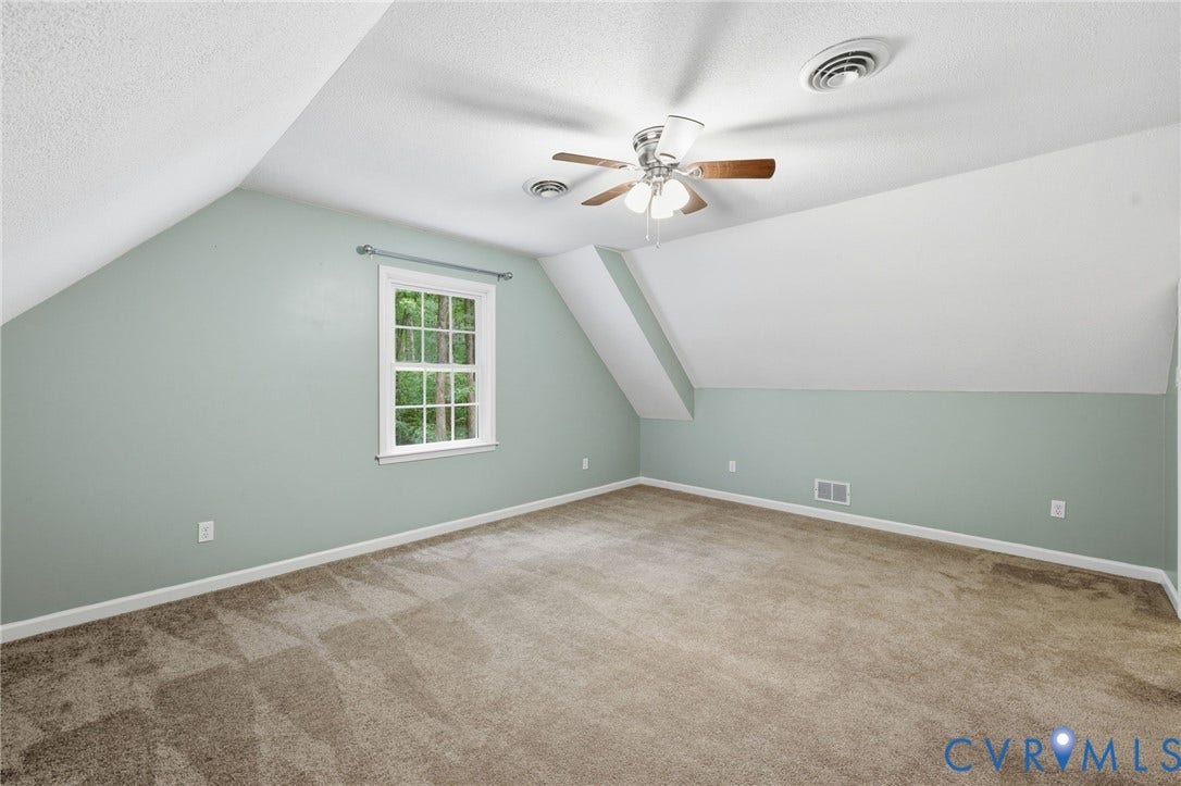 Carpeted room featuring a ceiling fan, sloped ceilings, and a double-hung window with a forest backdrop