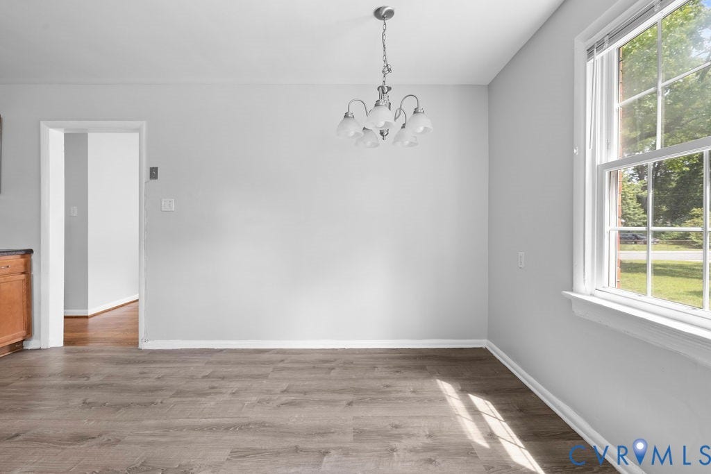 5527 Hansdale Road, Piney Knolls, Richmond, VA 23224 Room featuring wood-finish flooring, a multi-pane window, and a five-light chandelier