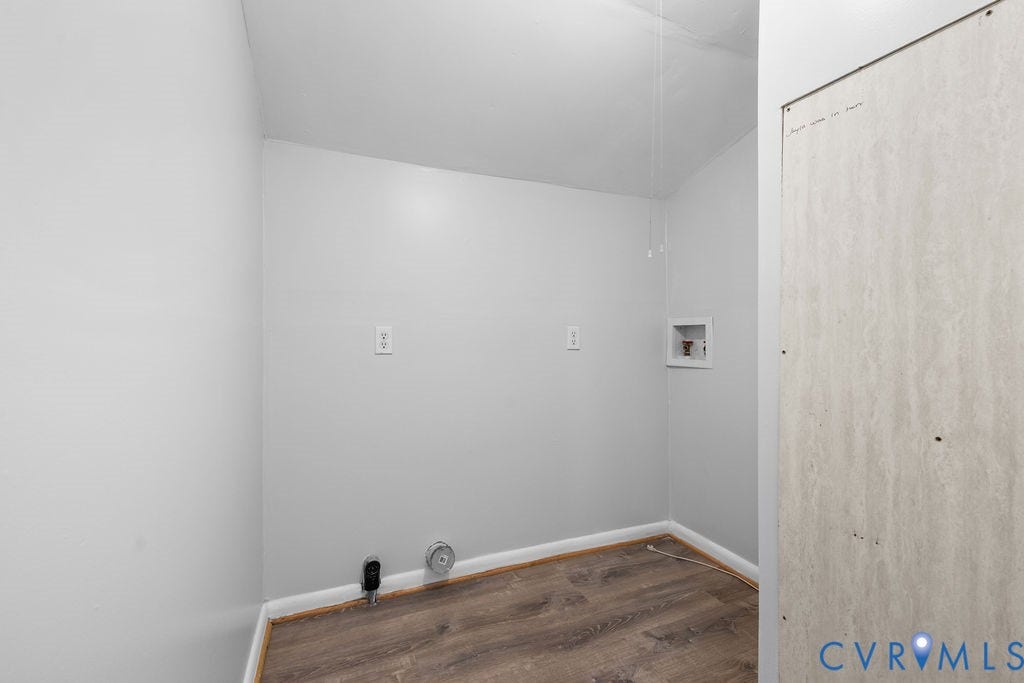 5527 Hansdale Road, Piney Knolls, Richmond, VA 23224 Laundry area featuring wood-finish flooring, white baseboards, and a white wall-mounted utility box