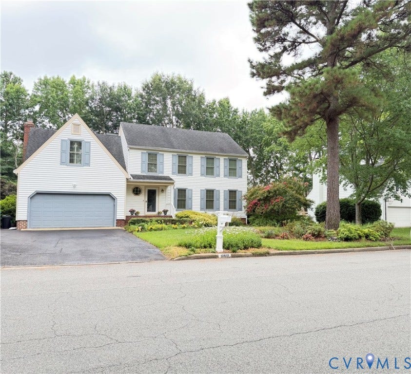 10601 Argonne Drive, Innsbrook, Glen Allen, VA 23060 Two-story colonial exterior with light siding and contrasting blue shutters