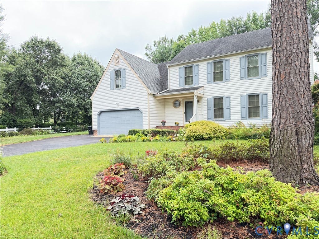 10601 Argonne Drive, Innsbrook, Glen Allen, VA 23060 Two-story residence featuring white siding, light blue shutters, and a front-facing garage with a light blue door
