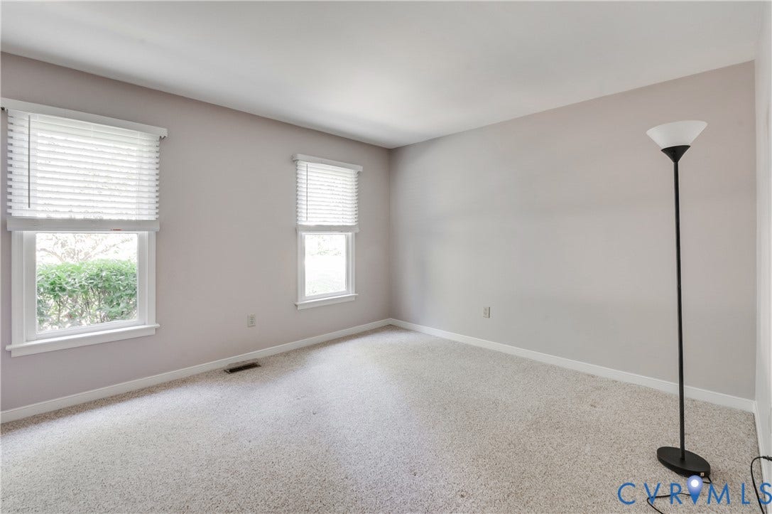 4419 Boones Bluff Way, Chesterfield, VA 23832 Neutral-toned room featuring two windows with white blinds, light-colored carpeting, and white baseboards