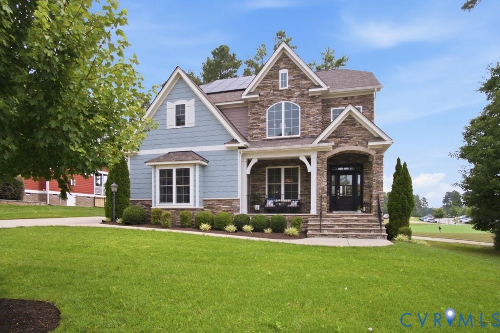 6991 Carden Park Drive, Carden Park, Moseley, VA 23120 Stone and siding exterior with a covered entry, gabled rooflines, and a bay window