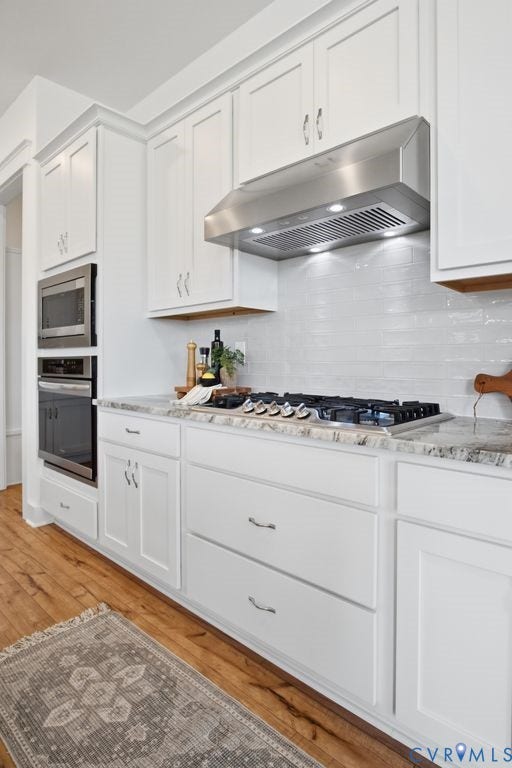 6991 Carden Park Drive, Carden Park, Moseley, VA 23120 Contemporary kitchen featuring white shaker cabinetry, stainless steel range hood, integrated gas cooktop, built-in microwave and oven, and wood-finish flooring