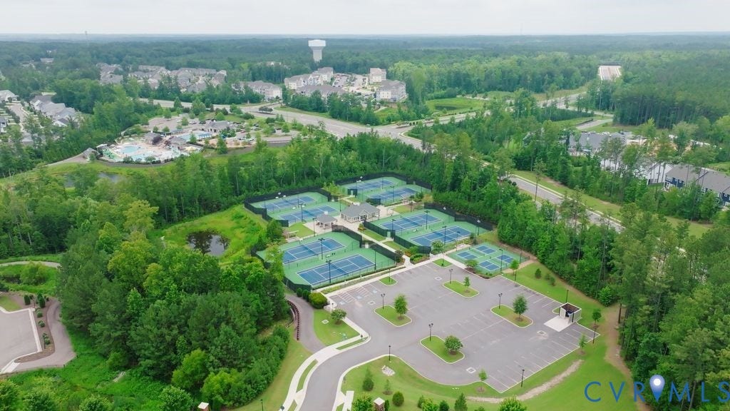 6991 Carden Park Drive, Carden Park, Moseley, VA 23120 Community recreation area featuring multiple tennis courts, a large parking lot, and surrounding green spaces