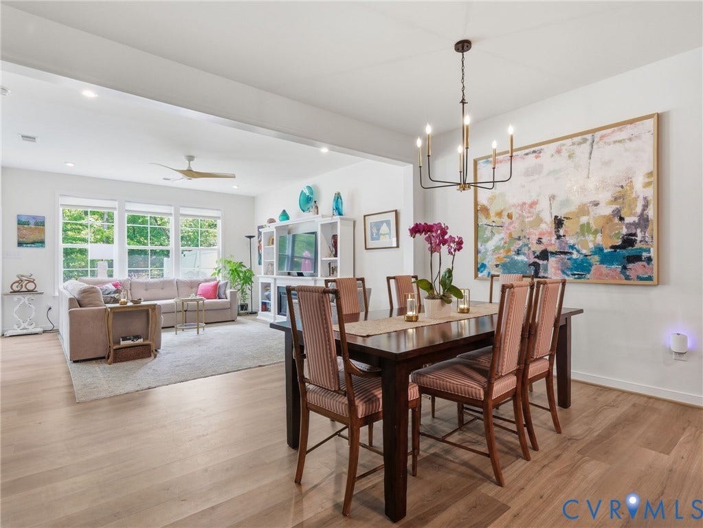 9237 Cerulean Place, Richmond, VA 23238 From casual dinners to special celebrations, this inviting dining area (with updated chandelier) is made for good food, great company, and memories that last a lifetime.