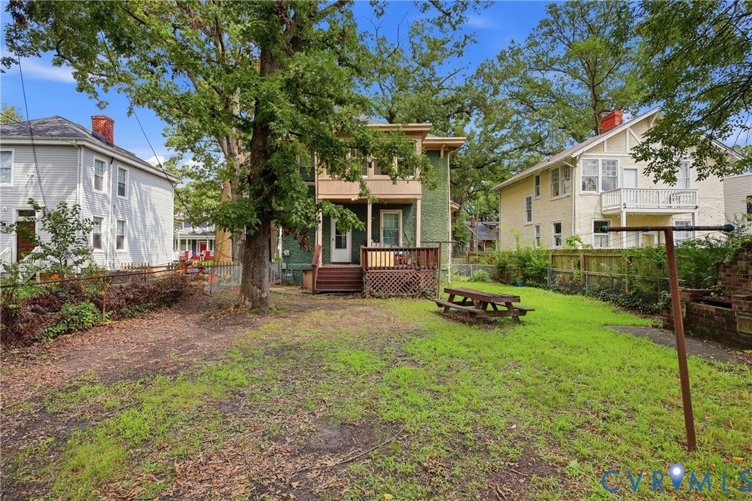 3110 North Avenue, Brookland Park, Richmond, VA 23222 Spacious backyard featuring mature shade trees, level lawn, and rustic picnic table