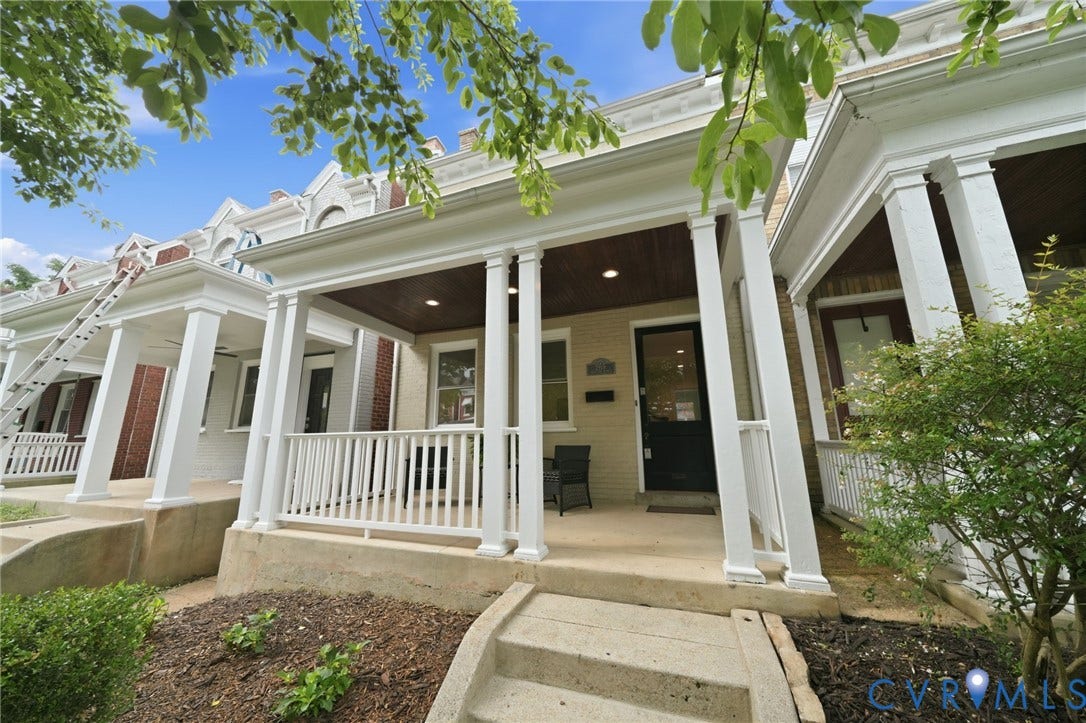 2919 Grayland Avenue, Byrd Park/ Carytown, Richmond, VA 23221 Covered front porch with white columns, light-colored siding, and a dark front door