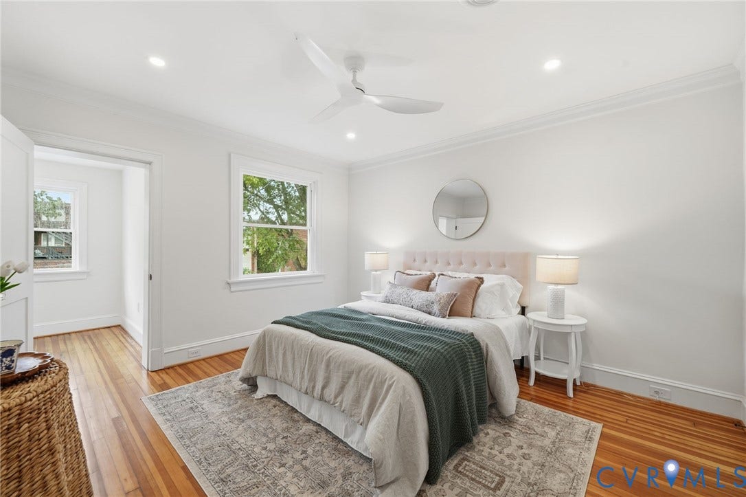 2919 Grayland Avenue, Byrd Park/ Carytown, Richmond, VA 23221 Bright interior featuring wood-finish flooring, recessed lighting, crown molding, and a ceiling fan