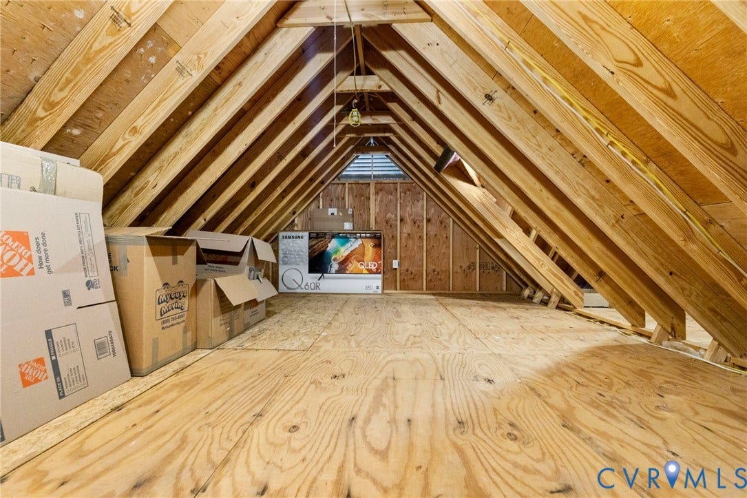 1002 Normandy Drive, Henrico, VA 23229 Attic space with exposed wood rafters, plywood subflooring, and an exposed light fixture