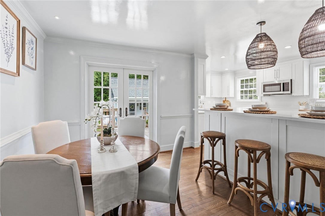 1002 Normandy Drive, Henrico, VA 23229 Wood-finish flooring throughout, white paneled wainscoting, French doors with divided lites, white kitchen cabinetry, and pendant lighting