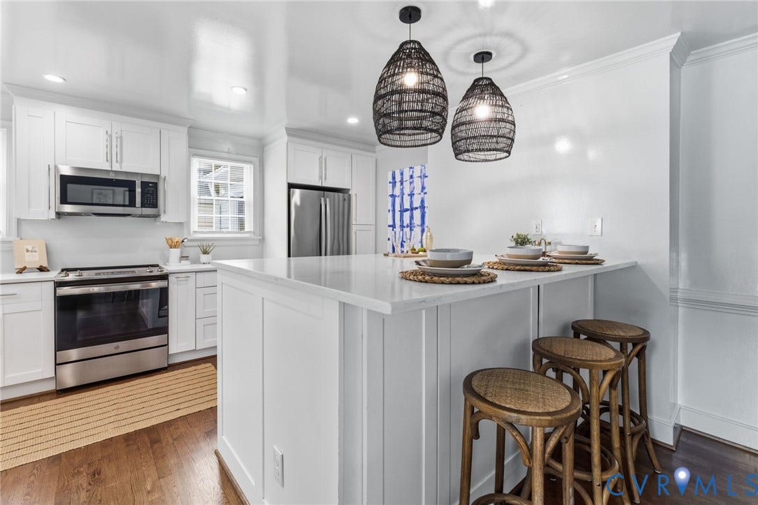 1002 Normandy Drive, Henrico, VA 23229 White cabinetry, stainless steel appliances, wood-finish flooring, island with countertop, and pendant lighting