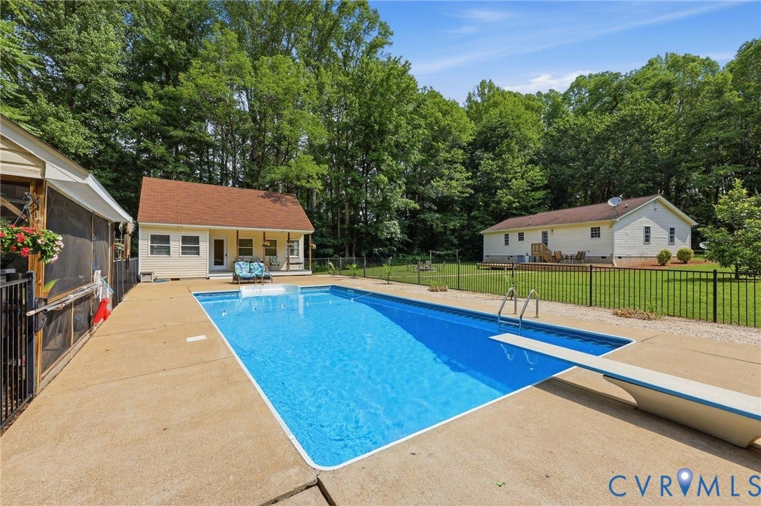 1375 Gills Road, Powhatan, VA 23139 Fenced in-ground pool with screened porch, outdoor shower, poolhouse with covered porch, full bath, space for an office or any number of uses!