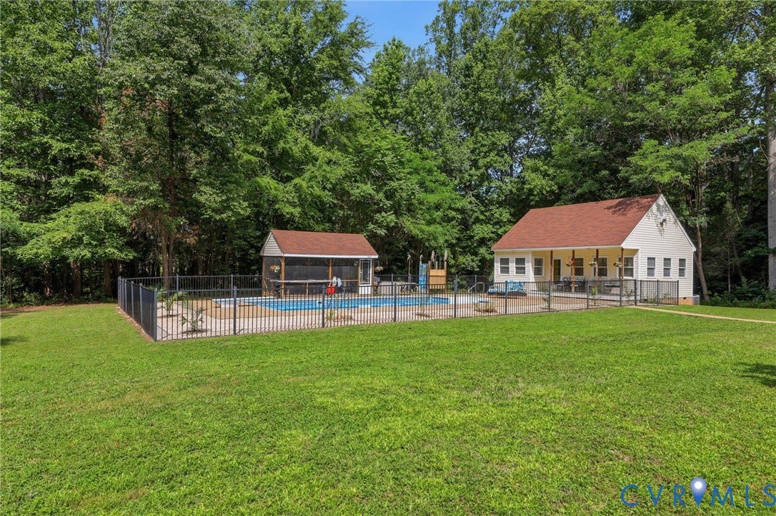 1375 Gills Road, Powhatan, VA 23139 Fenced in-ground pool with screened porch, outdoor shower, poolhouse with covered porch, full bath, space for an office or any number of uses!