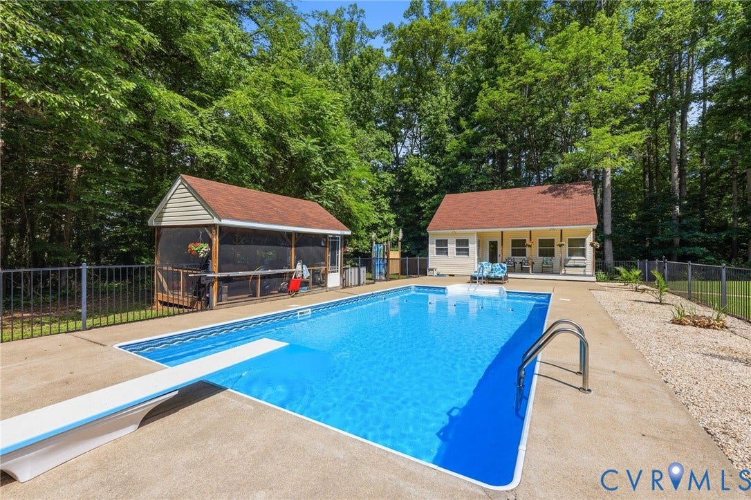 1375 Gills Road, Powhatan, VA 23139 Fenced in-ground pool with screened porch, outdoor shower, poolhouse with covered porch, full bath, space for an office or any number of uses!