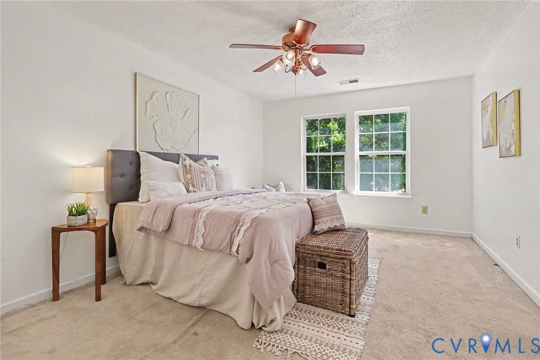 931 Hunters Run Drive, Henrico, VA 23223 Bedroom featuring light-colored carpeting, white walls, and a ceiling fan with integrated lighting