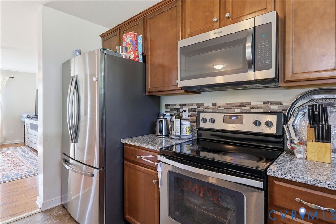 10155 Virginia Road, Glen Allen, VA 23060 Kitchen featuring stainless steel appliances, granite-style countertops, and a mosaic tile backsplash