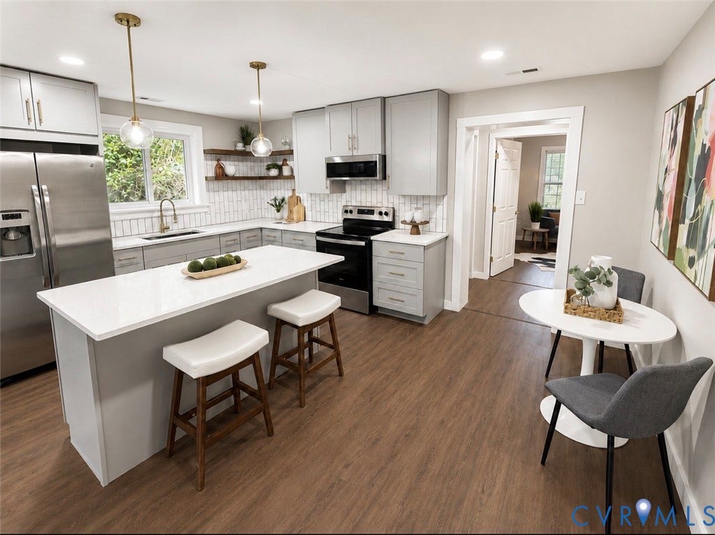 3909 Corbin Street, Wahington Park, Richmond, VA 23222 Modern kitchen featuring stainless steel appliances, light gray cabinetry, and stone countertops