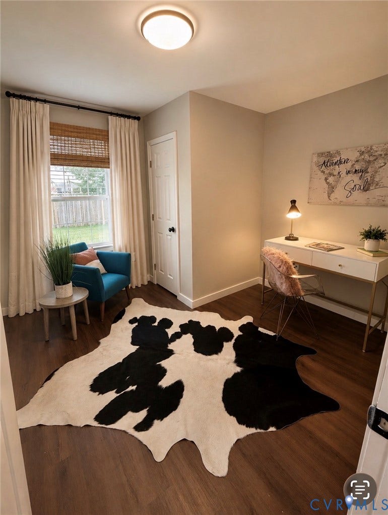 3909 Corbin Street, Wahington Park, Richmond, VA 23222 Room featuring wood-finish flooring, a window with natural woven blinds and drapes, a flush-mount ceiling light, and a white interior door with black hardware