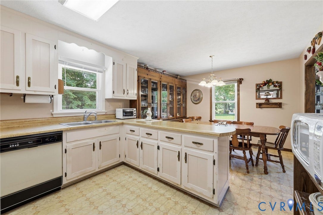 10111 Tunstall Road, New Kent, VA 23124 Kitchen featuring a dual basin sink, white cabinetry with dark hardware, and a built-in dishwasher