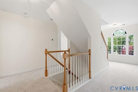 5213 Wheat Ridge Place, Chappell Ridge, Glen Allen, VA 23059 Carpeted landing featuring a wooden staircase railing with white spindles