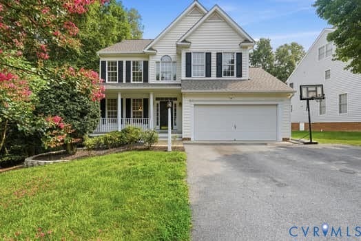 5213 Wheat Ridge Place, Chappell Ridge, Glen Allen, VA 23059 Two-story residence featuring white siding and a covered front porch with white railings