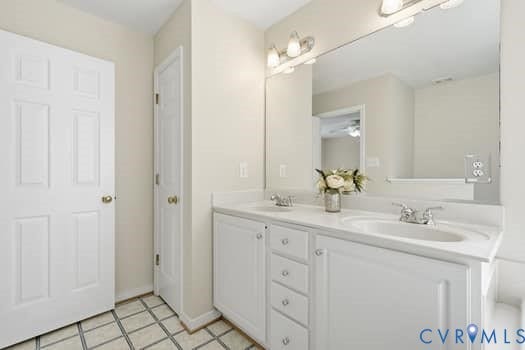 5213 Wheat Ridge Place, Chappell Ridge, Glen Allen, VA 23059 Dual sink vanity with white cabinetry, integrated sinks, and polished chrome fixtures