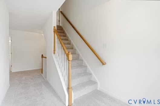 5213 Wheat Ridge Place, Chappell Ridge, Glen Allen, VA 23059 Carpeted staircase with light wood handrails and white balusters