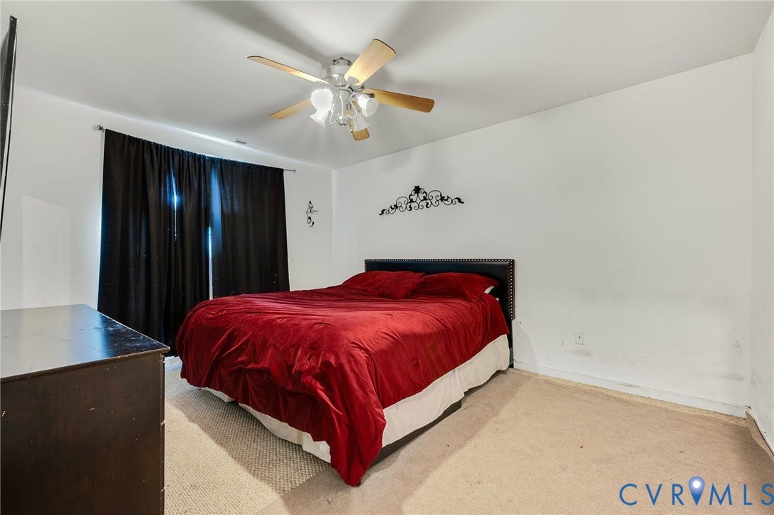1207 Wycliff Court, Richmond, VA 23236 Bedroom featuring wall-to-wall carpeting, white painted walls, and a ceiling fan with integrated lighting