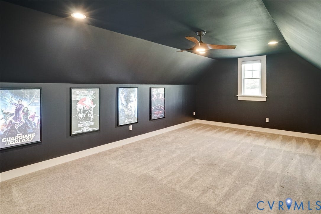1732 Fishers Pond Drive, Maidens, VA 23102 Carpeted bonus room with dark walls and ceiling, featuring a wood-finish ceiling fan and recessed lighting