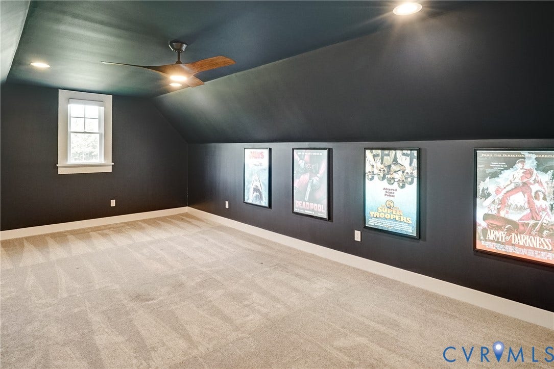1732 Fishers Pond Drive, Maidens, VA 23102 Spacious room with dark-toned walls and sloped ceilings, featuring recessed lighting, a ceiling fan, and carpeted flooring