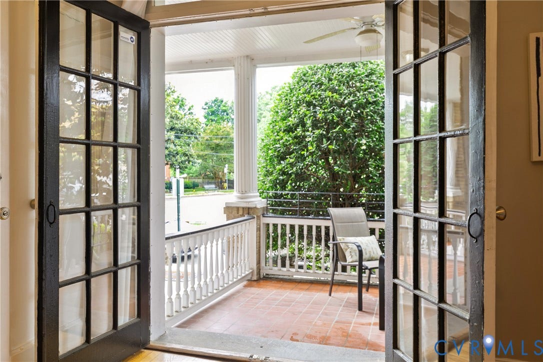 601 Roseneath Road, #U1, Museum District, Richmond, VA 23221 Porch with terra cotta tile flooring, white balustrade, and colonial columns