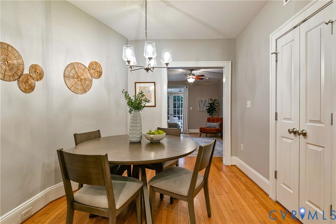 601 Roseneath Road, #U1, Museum District, Richmond, VA 23221 Hardwood flooring throughout, with a contemporary chandelier illuminating the dining area