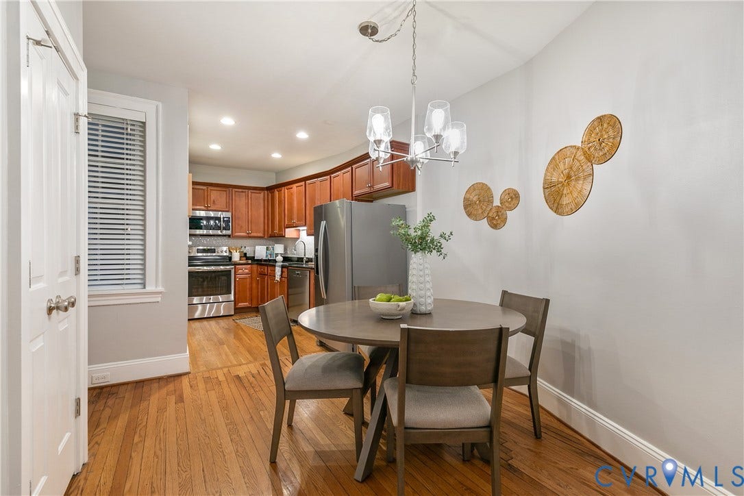601 Roseneath Road, #U1, Museum District, Richmond, VA 23221 Hardwood flooring extends from the dining area into the kitchen