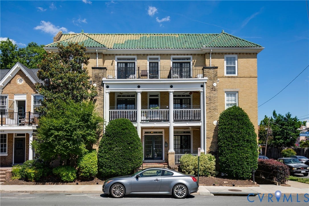 601 Roseneath Road, #U1, Museum District, Richmond, VA 23221 Multi-story brick building featuring a distinctive green tile roof