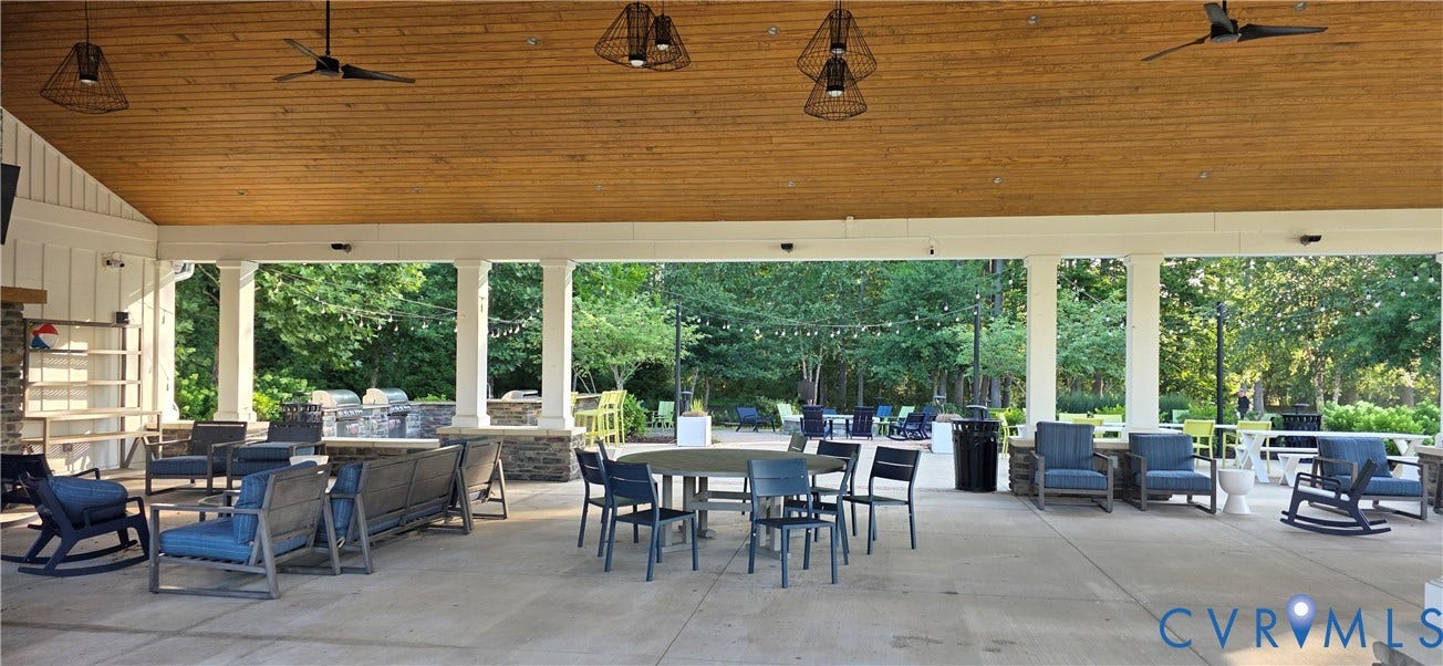 Expansive covered patio featuring a wood-finish ceiling with ceiling fans and pendant lighting