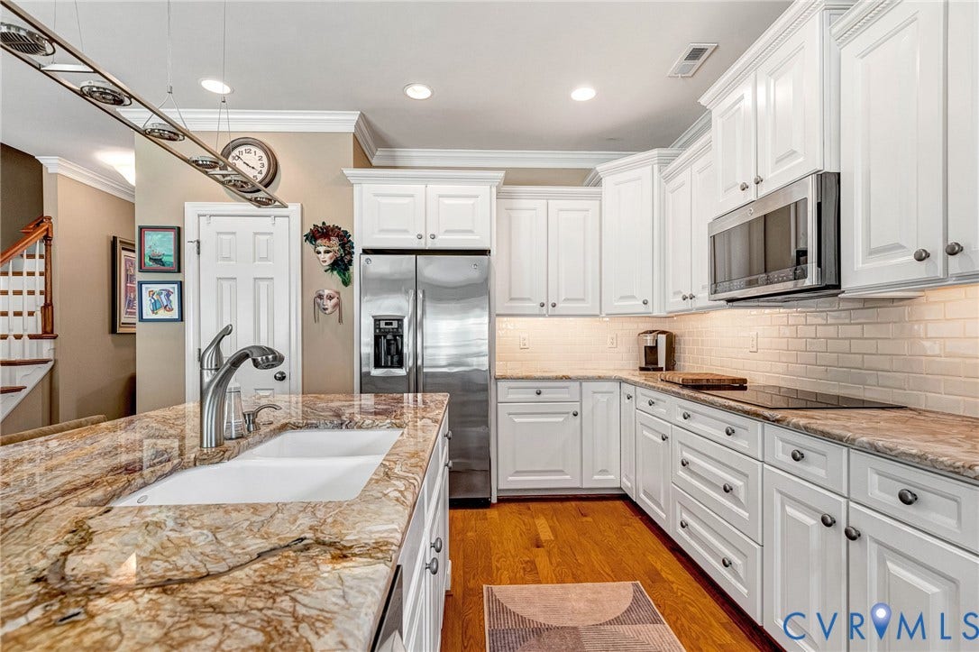 1020 Belva Court, Glen Allen, VA 23059 Kitchen featuring white shaker-style cabinetry, wood-finish flooring, stainless steel appliances, speckled stone countertops, and a subway tile backsplash