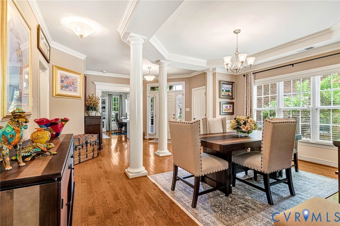 1020 Belva Court, Glen Allen, VA 23059 Dining area featuring hardwood flooring, a chandelier, and a large window with white blinds