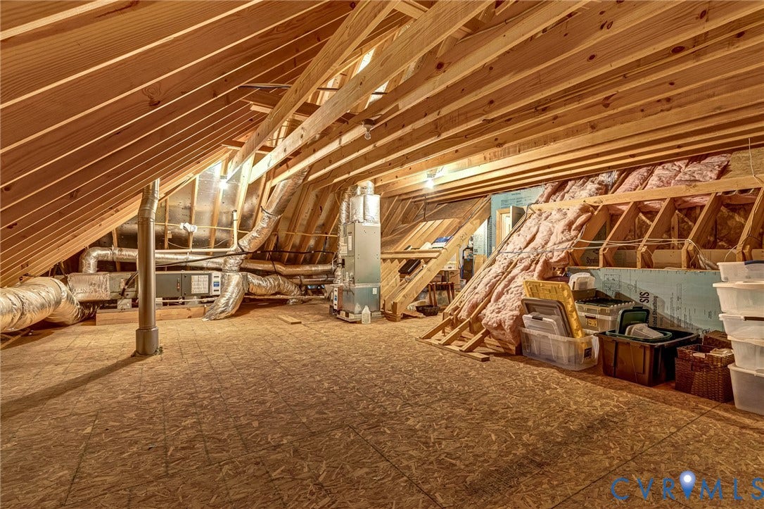 1020 Belva Court, Glen Allen, VA 23059 Spacious attic featuring exposed wood framing, wood-finish flooring, and ample room for storage or future development
