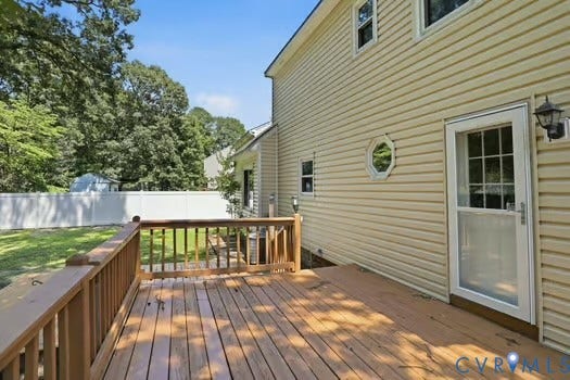2804 Executive Drive, John Tyler Woods, Chester, VA 23831 Expansive wood deck with a built-in railing, offering direct access to the exterior through a new glass-paneled door