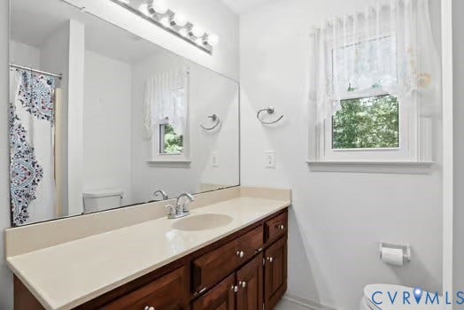 2804 Executive Drive, John Tyler Woods, Chester, VA 23831 Bathroom featuring a single-sink vanity with a light-colored countertop and wood-finish cabinetry