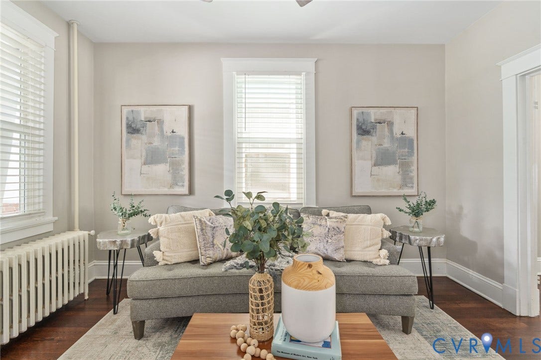 3314 Grayland Avenue, Richmond, VA 23221 Bright living space featuring dark wood-finish flooring, light neutral wall tones, and white trim