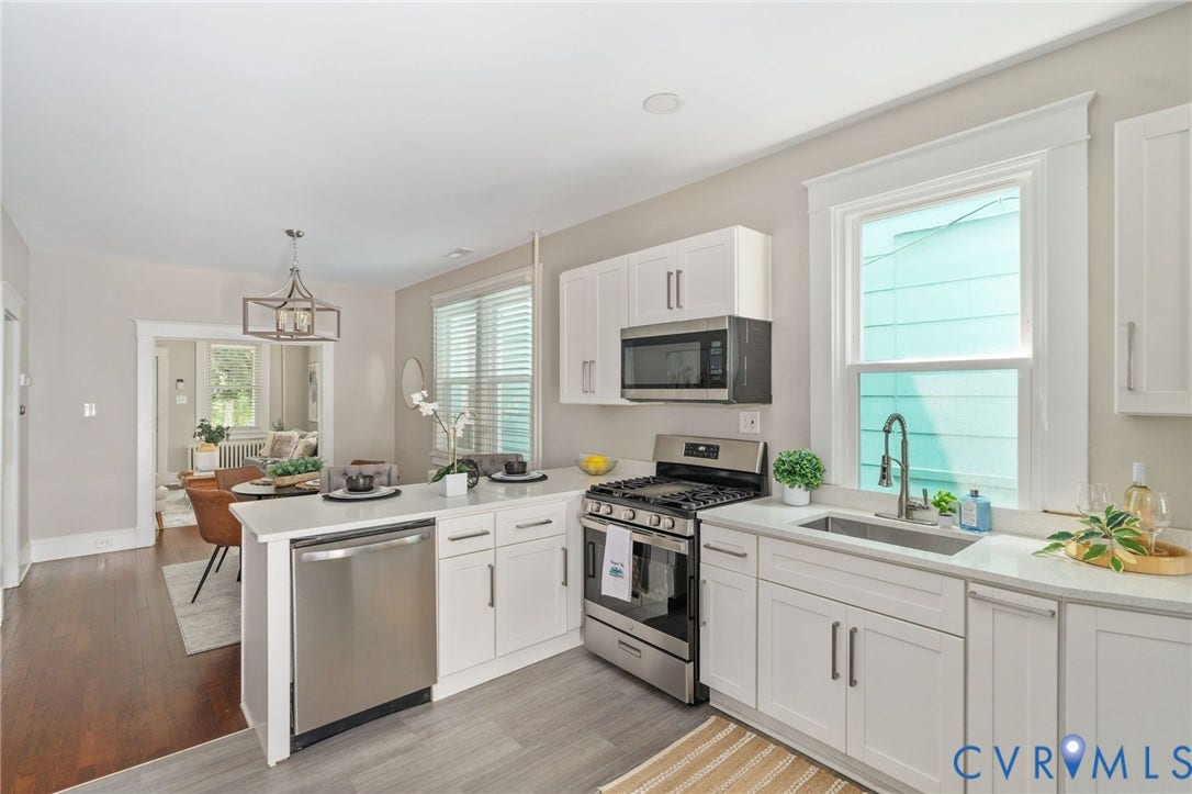 3314 Grayland Avenue, Richmond, VA 23221 Contemporary kitchen featuring white cabinetry, light-toned countertops, stainless steel appliances, and wood-finish flooring
