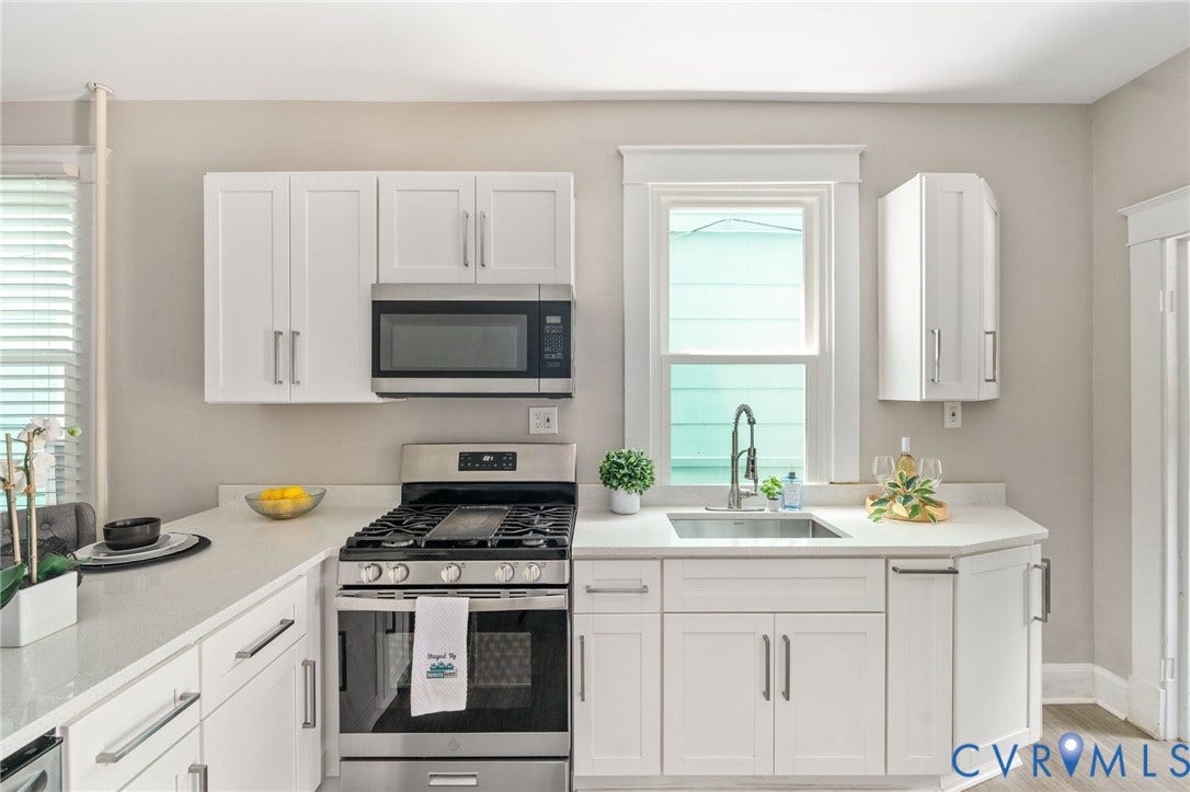 3314 Grayland Avenue, Richmond, VA 23221 Modern kitchen featuring white shaker cabinetry, stainless steel appliances, a gas range, a stainless steel sink, and light-toned countertops